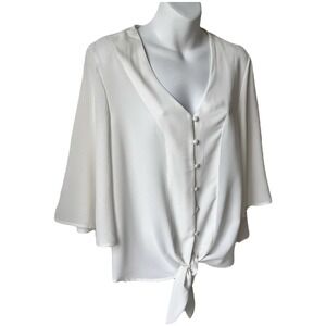 Ivory Romantic Holiday Womens Blouse Large V Neck Off White Flowy Feminine Fairy